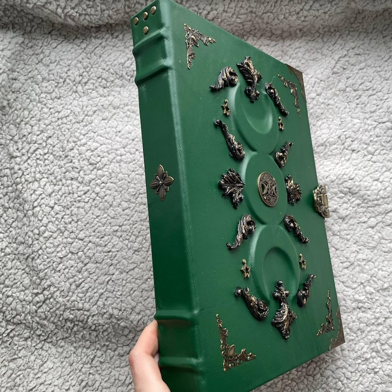 Triple Moon Grimoire Green Leather Book of Shadows Wiccan Lunar
