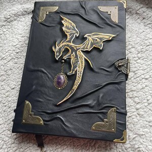 Pu&ograve; includere: Diario in pelle nera con un design a drago dorato. Il drago &egrave; impreziosito da dettagli dorati e un ciondolo con pietra preziosa viola. Il diario ha angoli decorativi e una chiusura a fermaglio. &Egrave; visibile un segnalibro con un ciondolo a stella.