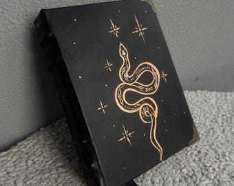 Serpent Grimoire – Handmade Black Leather Spell Book, Snake Symbol Occult Journal