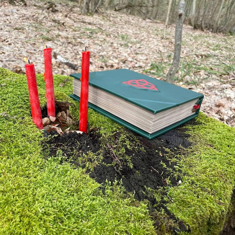 May include: A green book with a Celtic knot design on the cover, lying on a mossy log. Three red candles are standing upright in the moss.