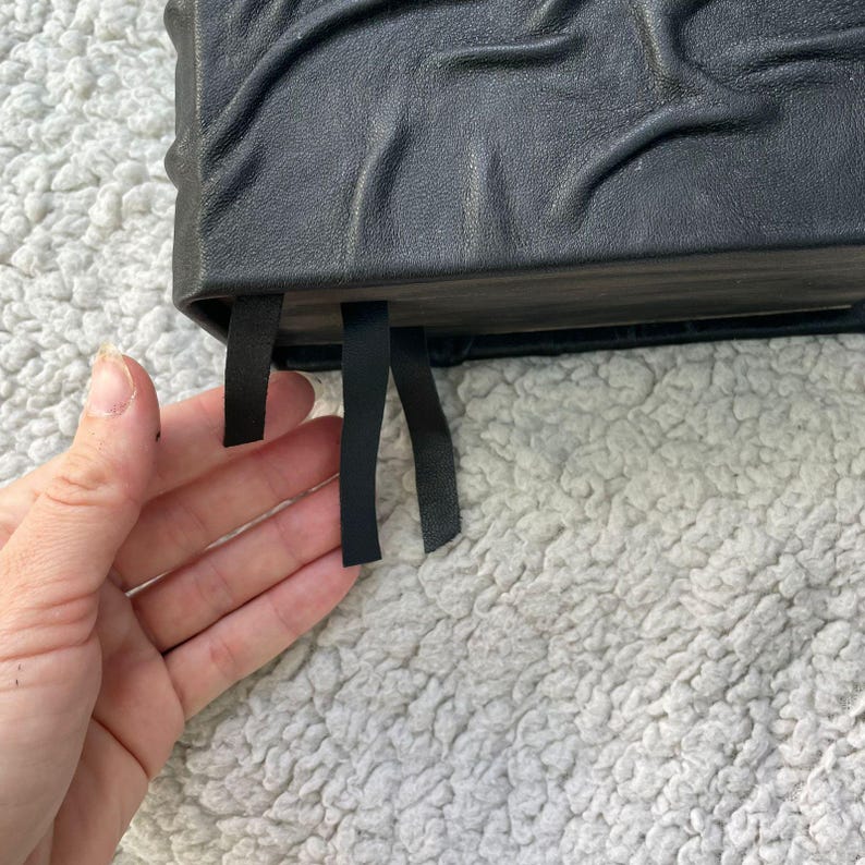 May include: A black leather-bound journal with embossed detailing. The journal has three black ribbon bookmarks. The cover is textured and the pages are visible. The journal is on a white, fluffy surface.
