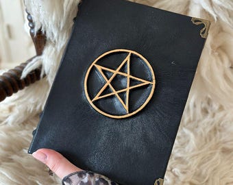 Handmade Pentagram Grimoire: Black Faux Leather Witchcraft Journal