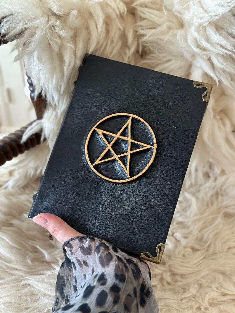 Handmade Pentagram Grimoire: Black Faux Leather Witchcraft Journal image 1
