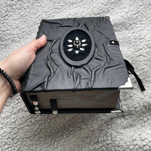 Black Agate Grimoire – Handmade Leather Spell Book, Gothic Journal with Silver Edges