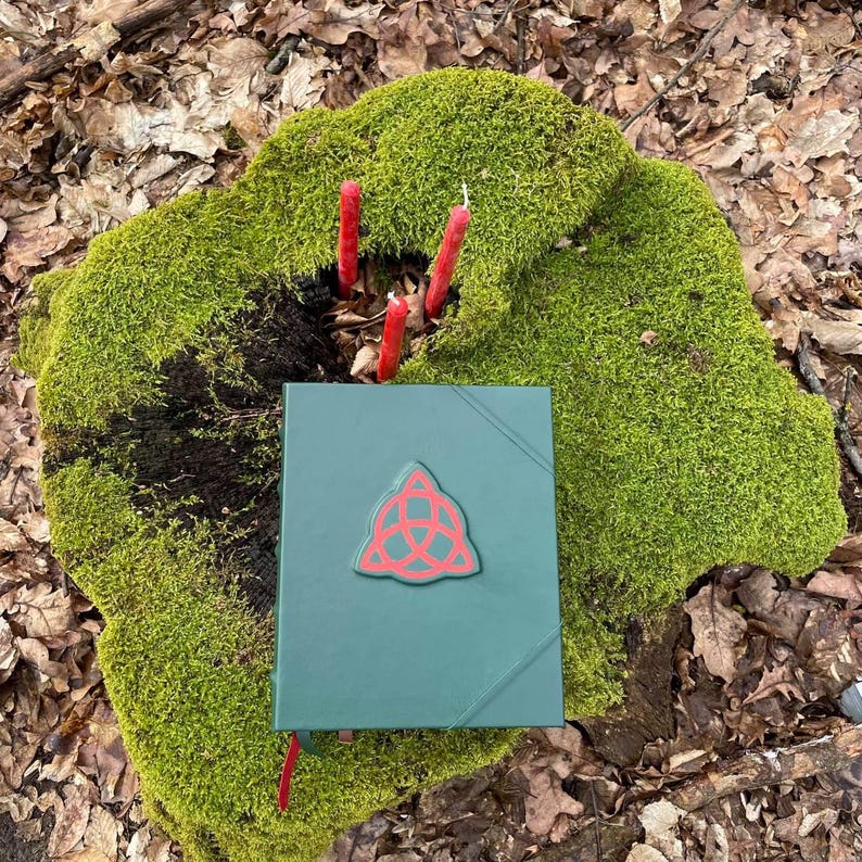 May include: A green leather-bound journal with a red triquetra symbol on the front cover. The journal is sitting on a mossy tree stump with three red candles.