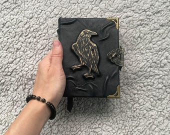 Mini Grimoire Raven Familiar – Witch Journal, Handmade Leather Book of Shadows