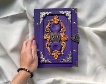 Handmade Purple Leather Grimoire, Triple Moon Book of Shadows, Witch Journal