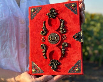 Handmade Suede Grimoire | Wiccan Spellbook Book of Shadows | Triple Moon & Tree of Life Design