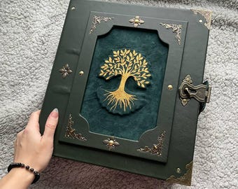 Ahnenzauber Grimoire Smaragd Erben | Leder Handmade Binder | Witchcraft Familienbuch | Abnehmbare Seiten