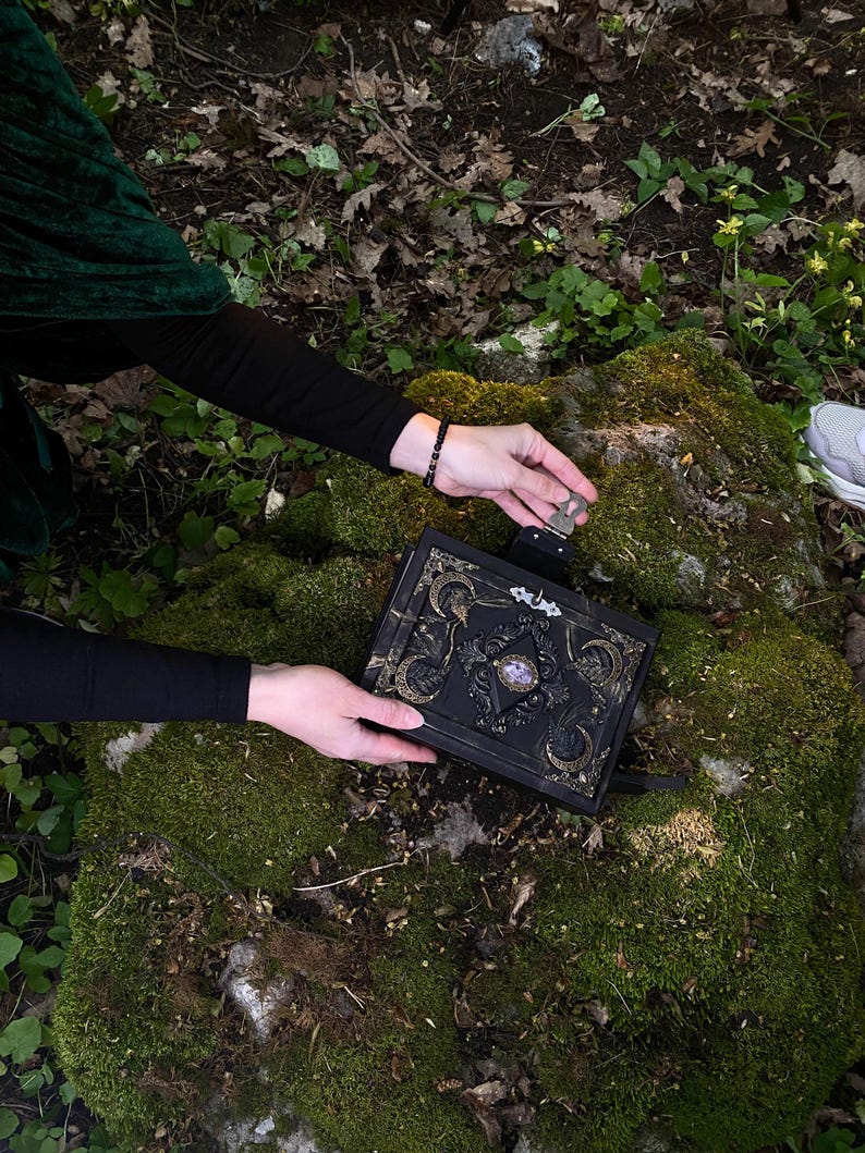 May include: Black, ornate book with gold accents and a purple gemstone center, held over a mossy rock. The book has intricate designs and a clasp. The background features forest foliage and a person's hands.