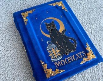 Moon Black Cat Grimoire | Tarot Journal & Lunar Diary | Blue Suede Spell Book | Witchcraft Notebook