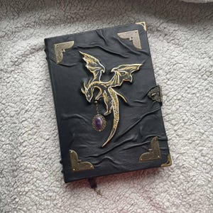 Pu&ograve; includere: Diario in pelle nera con un'applicazione a forma di drago dorato e un ciondolo di ametista. Il diario ha angoli protettivi in ottone e una chiusura. Il drago &egrave; dettagliato con ali spiegate. Un taccuino a tema fantasy.