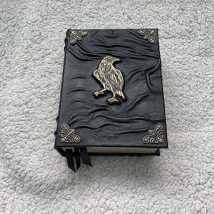 Pu&ograve; includere: Un diario in pelle nera con un emblema di corvo dorato e dettagli decorativi agli angoli. Il diario ha una copertina strutturata e un segnalibro a nastro nero. Un taccuino unico ed elegante per scrivere o disegnare.