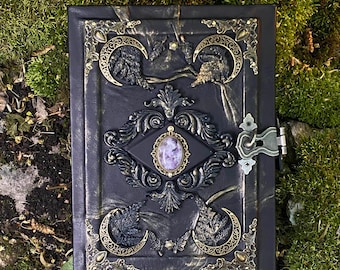 Grimorio Luna Amatista: Libro de Brujería de las Sombras, Diario de Cuero Hecho a Mano, Libro de Hechizos de las Fases Lunares