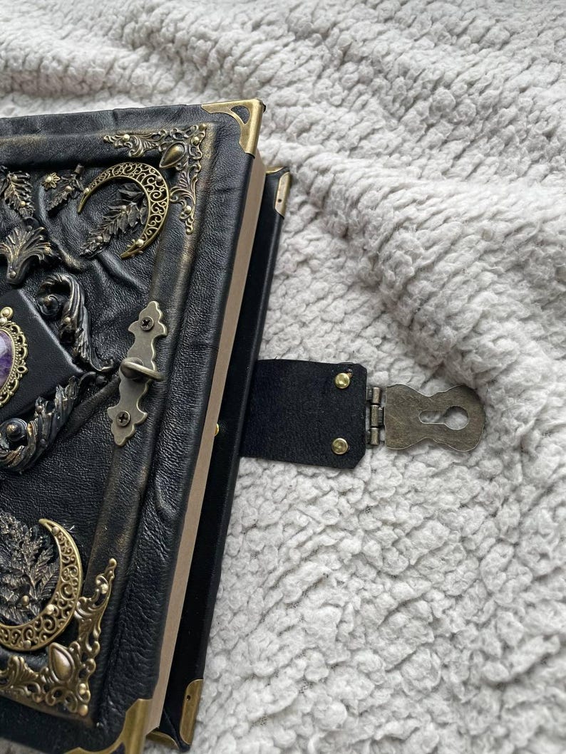 May include: A black leather journal with ornate brass corner protectors and embellishments. The cover features a purple gemstone and a crescent moon design. A black leather strap with a brass clasp secures the journal.