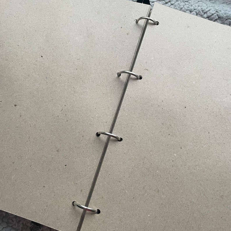 May include: Open view of a blank, light brown scrapbook with a silver metal binding. The binding has four metal rings. The pages are a neutral, solid color, and the book is open, ready for use.
