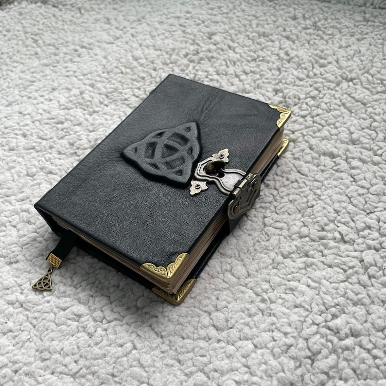 Pocket Grimoire | Black Triquetra Leather Journal | Mini Book of Shadows | Witchcraft Spell Book Gift image 1