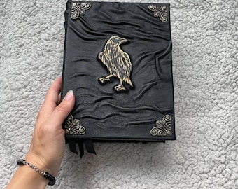 Black Leather Raven Grimoire: Embossed Book of Shadows, Kraft Pages