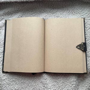 Pu&ograve; includere: Un diario aperto con pagine vuote di colore marrone chiaro. Il diario ha una copertina nera con dettagli dorati agli angoli e una chiusura decorativa. Le pagine sono pronte per scrivere o disegnare.