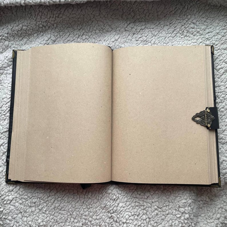 Pu&ograve; includere: Un diario aperto con pagine vuote di colore marrone chiaro. Il diario ha una copertina nera con dettagli dorati agli angoli e una chiusura decorativa. Le pagine sono pronte per scrivere o disegnare.
