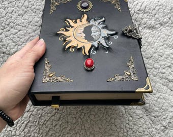 Sun & Moon Leather Grimoire with Stones | Hand-Painted Cover, Metal Clasp