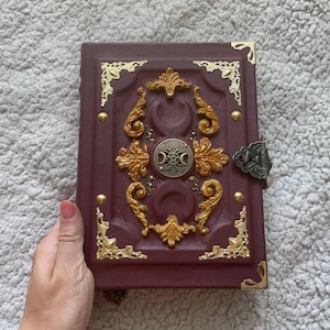 Golden Triple Moon Grimoire, Burgundy Leather Book of Shadows, Handmade Witch Journal,  Wiccan Grimoire