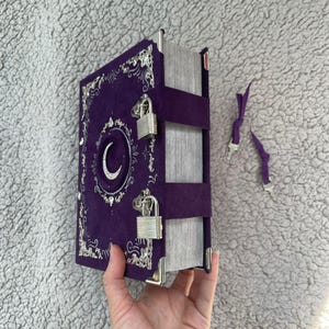 May include: A purple journal with silver detailing, a crescent moon emblem, and two silver padlocks. The journal has a velvet texture and silver corner protectors. Two purple ribbon bookmarks with silver tips are included.