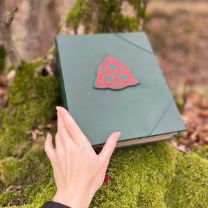 May include: A green leather-bound book with a red triquetra symbol on the cover. The book is lying on a bed of green moss.