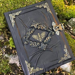 May include: A black leather journal with ornate gold-colored corner accents and a central decorative emblem featuring a moth. The journal has a clasp closure and is set against a mossy background.