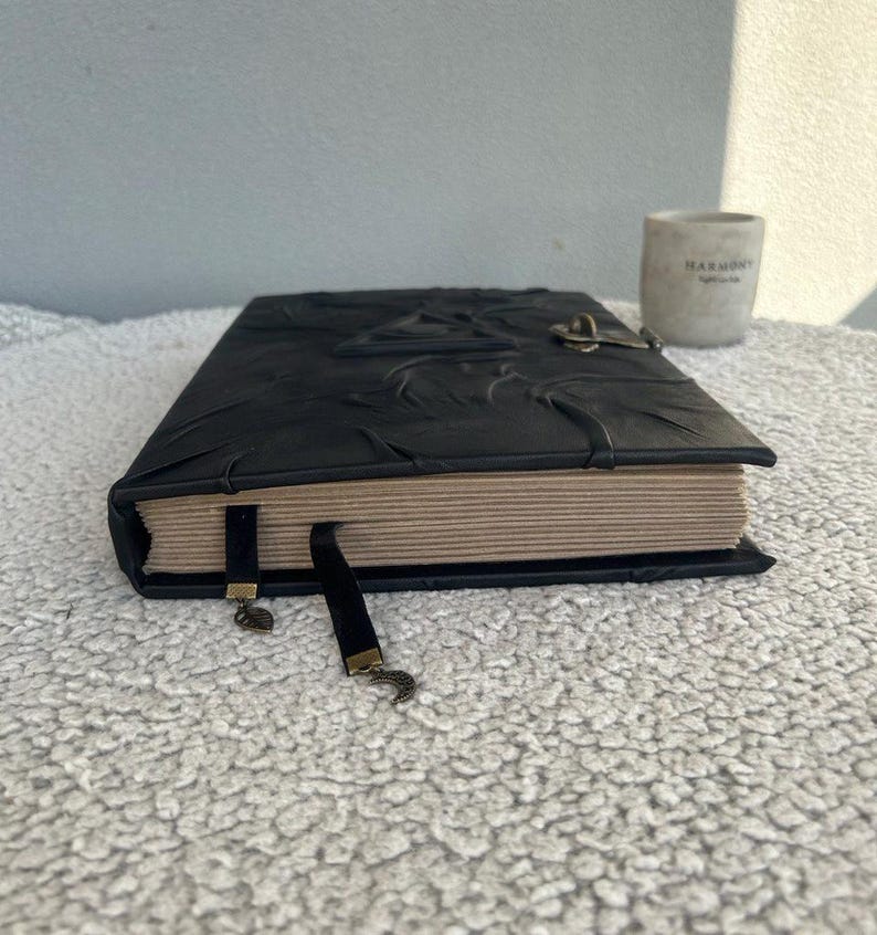 Grimoire med allseende öga | Svart läderbok med skuggor, ockult dagbok, frimurarbok bild 8