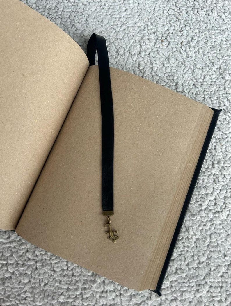 Pode incluir: Um di&aacute;rio preto com capa de papel castanho e um marcador de fita preta com um amuleto de lagarto dourado.