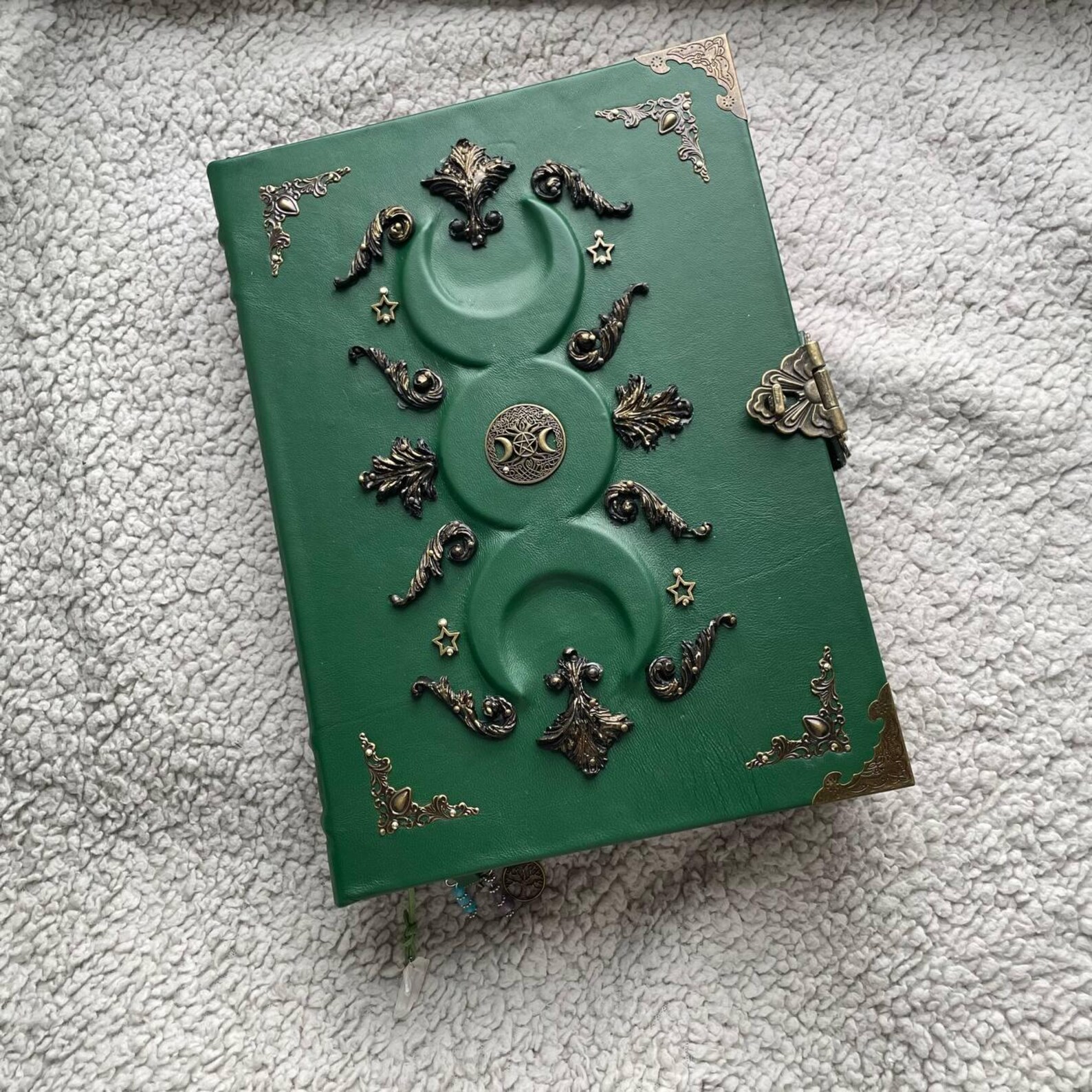 Triple Moon Grimoire Green Leather Book of Shadows Wiccan Lunar