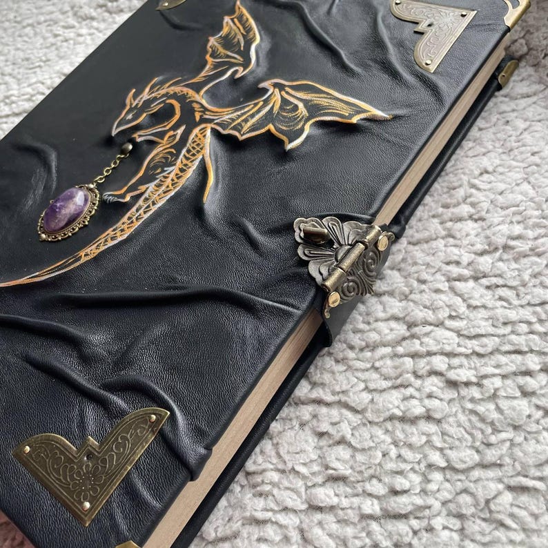 Pu&ograve; includere: Diario in pelle nera con un disegno di drago in rilievo dorato e un ciondolo con pietra viola. Il diario ha protezioni angolari in metallo e una chiusura a fermaglio. La copertina &egrave; strutturata.