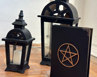 Schwarzes Leder Pentagramm Grimoire - A4 Hexen Tagebuch, Okkultes Buch der Schatten