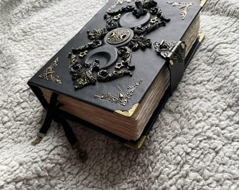Black Moon Vintage Grimoire  | Aged Coffee-Stained Pages  | Triple Moon, Handmade Spell Book