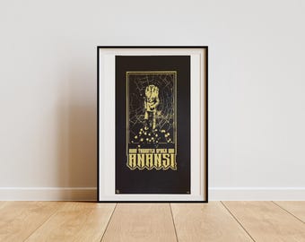 Limited Edition Anansi Screen Print, Black & Gold, Modern Poster, African Folklore