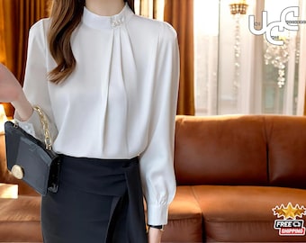 Elegante Plissee Chiffon Bluse | Langarm-Shirt für Frauen | Klassisches Herbst Top | O-Neck Slim Fit Pullover | Schicke Bürokleidung