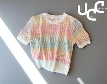 Pailletten Strick Crop Top | schicke Damenmode | Gestreifter schmaler Pullover | Kurzarm Pullover T-Shirt | Leichtes Sommer-Outfit
