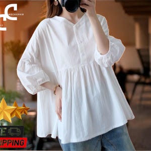 Women&#39;s Casual Linen Blouse | Ruffled V Neck | Oversized Short Sleeve Top | Soft & Lightweight | Plus Size and Crop Fit Options