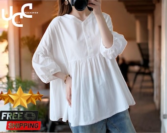 Women's Casual Linen Blouse | Ruffled V Neck | Oversized Short Sleeve Top | Soft & Lightweight | Plus Size and Crop Fit Options