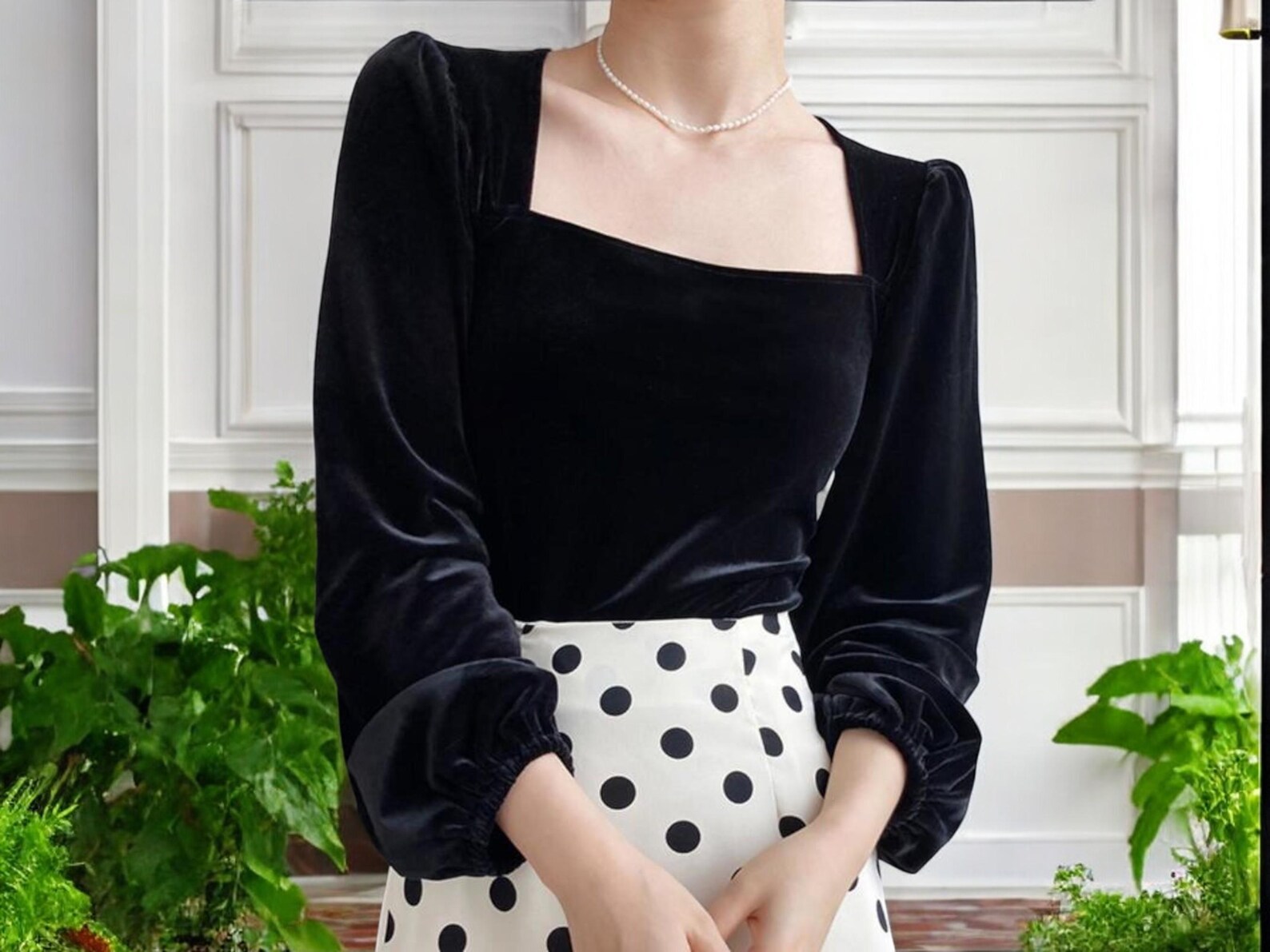 Velvet Long Sleeve Square Neck T-Shirt