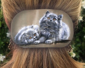 Grey Persian Kittens Feline Cat Art Hair Barrette Metal Lightweight Strong