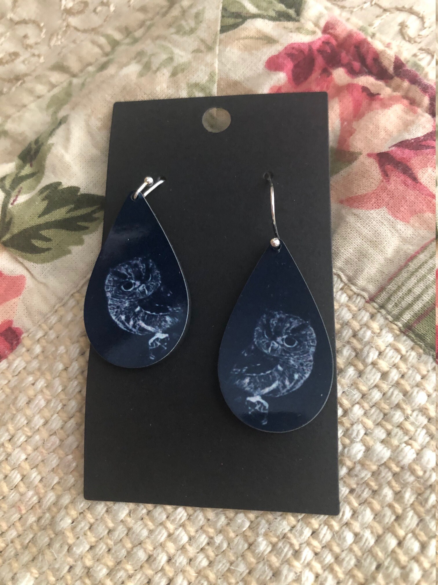Screech Owl Oval Dangle Pierced Earrings Wildlife Animal Artwork Scratch Board