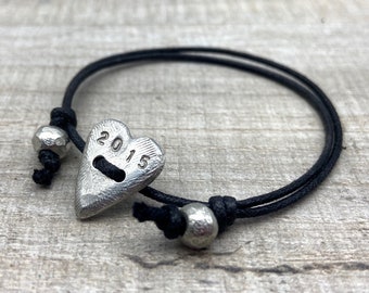 10th Anniversary Gift for Her - Tin Anniversary Pewter Heart Bracelet - Anniversary Personalised Bracelet for Wife - Heart Bracelet