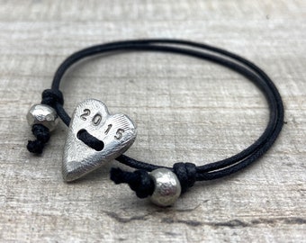 10th Anniversary Gift for Her - Tin Anniversary Pewter Heart Bracelet - Anniversary Personalised Bracelet for Wife - Heart Bracelet