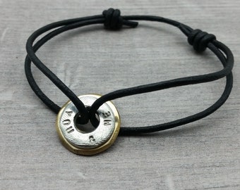 Mens Leather Secret Message Bracelet, Personalised Washer Bracelet