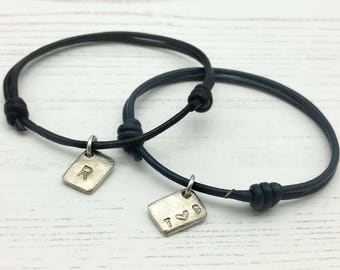 Matching Couples Bracelet - Personalised Leather Pair of initials Bracelets - His and Her Bracelet - Eco Friendly Gift
