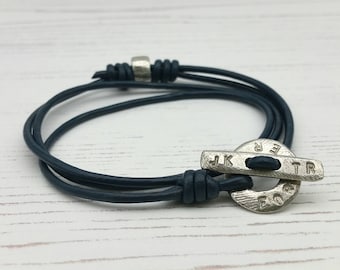 Leather Unisex Wrap Bracelet - Personalised Mens Wirist Wrap Bracelet - Mens Wrist Band - Personalized leather Pewter Wrap Bracelet