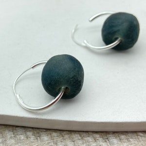 Dark Grey Earring Hoops - Recycled Glass Black Hoop Earrings - Beaded Hoops - Gift for Her - Gift for Friend - Sterling Silver Hoop Earrings