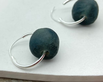 Dark Grey Earring Hoops - Recycled Glass Black Hoop Earrings - Beaded Hoops - Gift for Her - Gift for Friend - Sterling Silver Hoop Earrings